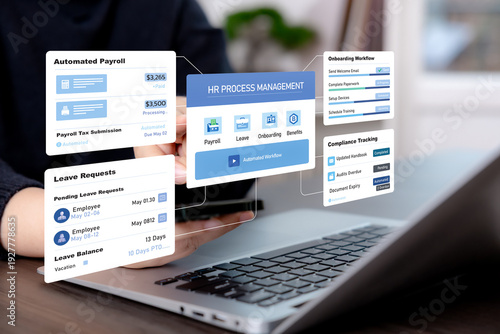 HR process management dashboard with payroll automation, onboarding workflow, leave management and compliance tracking on a digital interface for modern business operations.