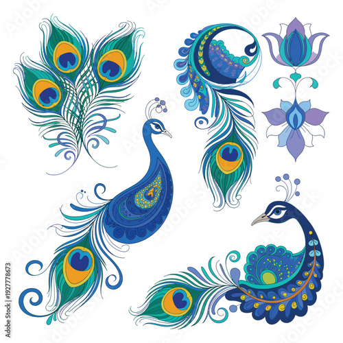 Wallpaper Mural Peacock feather pattern vector with ornate floral swirls and vintage decorative background design Torontodigital.ca