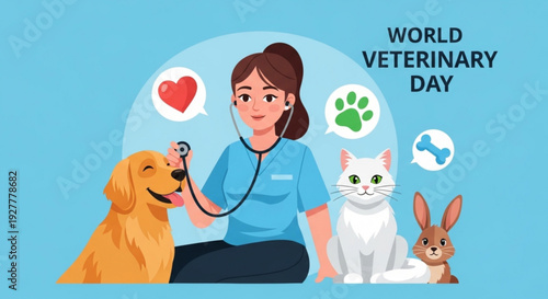 Veterinarian caring for dog cat and rabbit on world veterinary day with stethoscope and speech bubbles