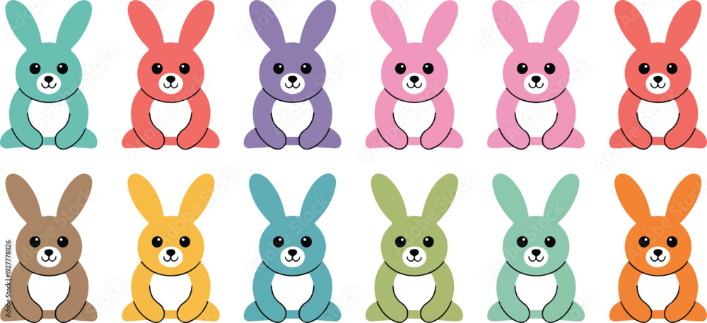 Fototapeta premium Cute colorful bunny character vector set featuring sitting rabbits in multiple bright colors for kids and playful designs