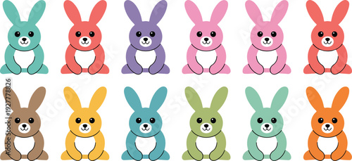 Cute colorful bunny character vector set featuring sitting rabbits in multiple bright colors for kids and playful designs