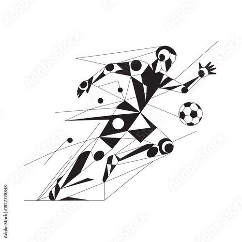 Abstract geometric illustration of a soccer player kicking a ball black and white