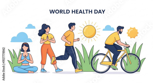 People engaging in outdoor fitness activities on world health day with sunny weather