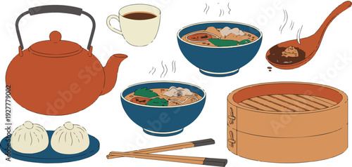 Asian food vector set featuring dumplings, ramen bowls, chopsticks, teapot, bamboo steamer, and traditional dining elements