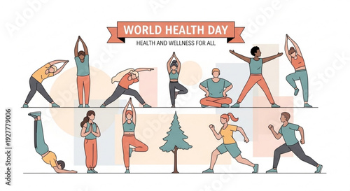 Diverse people practicing yoga poses for world health day promoting health and wellness for all in a natural setting