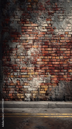 Grungy old brick wall with sidewalk and double yellow lines