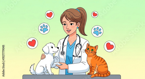 Veterinarian examines dog and cat in clinic with heart and paw icons