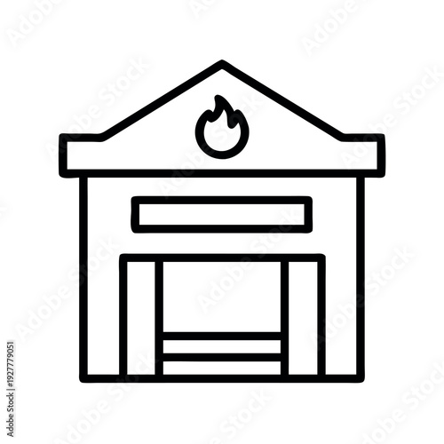 Fire station building icon with flames on the roof, symbolizing emergency services