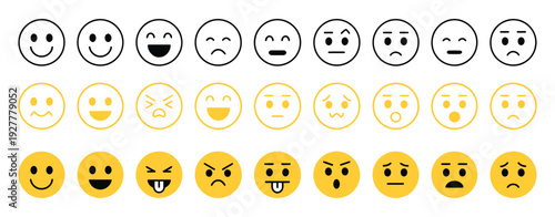 Colorful Emoji Faces Vector, Emoticon Set with Smile, Happy, Sad, Angry, and Surprised Expressions, Flat Simple Line Style for Chat, Social Media, and UI Design.