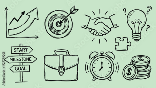 Business and success doodle icon collection. Includes growth chart, target, handshake, lightbulb, puzzle piece, directional signs, briefcase, alarm clock
