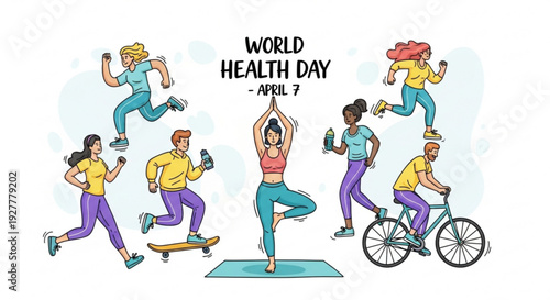 Diverse people exercising on world health day april 7 promoting fitness and wellness with yoga running skateboarding and cycling
