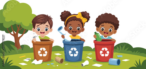 Happy children recycling waste together in park vector illustration with kids cleaning environment and sorting trash into colorful bins