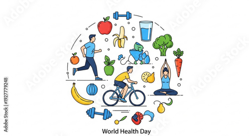 World health day illustration with people exercising and healthy food