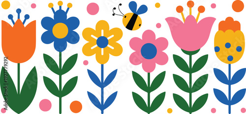 Bold flowers vector set with naive spring and summer floral illustrations in folk style, isolated on transparent background