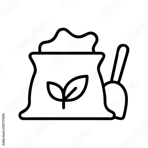 Outline illustration of a bag of soil with a leaf symbol and a scoop
