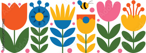 Bold flowers vector set with naive spring and summer floral illustrations in folk style, isolated on transparent background