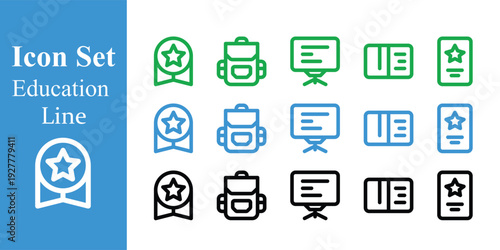 Education icon set vector illustration with badges backpack and presentation board