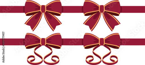 Elegant red gift ribbon bow set with golden trim for festive holiday celebration and packaging design isolated vector illustration