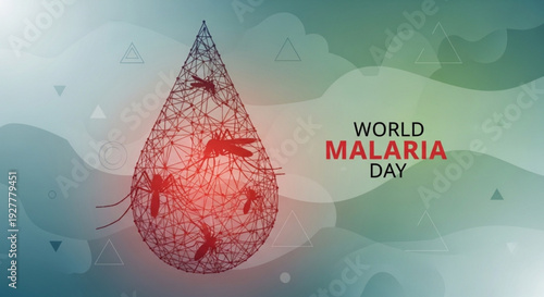 World malaria day awareness graphic with mosquito net and droplet shape on green background