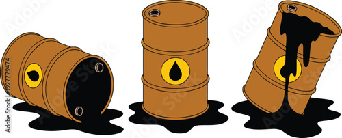 Oil barrel leak and crushed drum vector illustration set with black petroleum spill isolated on white background