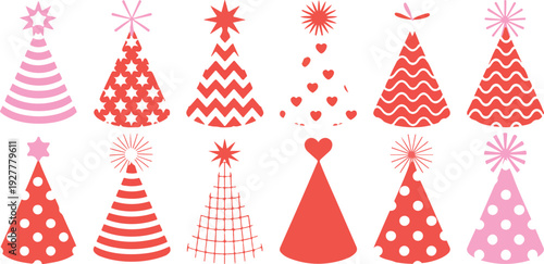 Colorful party hat illustration set with striped, dotted, and heart patterns for birthday celebration and festive design