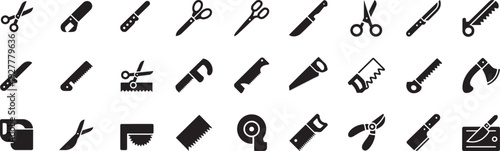 Black solid vector icon set featuring cutting tools, scissors, knives, saws, and hardware equipment for DIY and construction