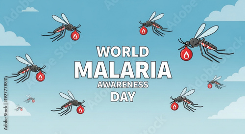 World malaria awareness day illustration with mosquitoes flying in blue sky with clouds