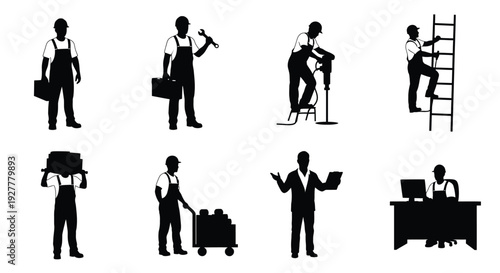 Silhouettes of various workers performing different jobs and professions