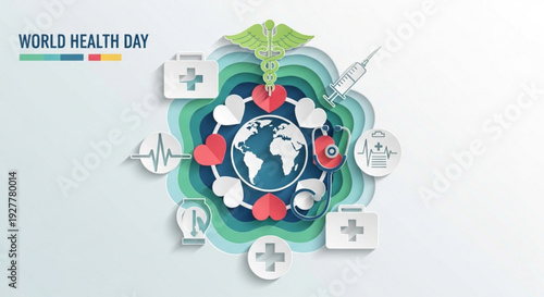 World health day concept with global health symbols and earth surrounded by medical icons