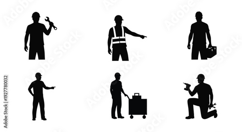 Silhouettes of construction workers performing various tasks and professions