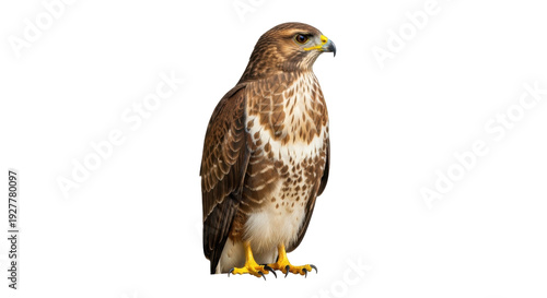 Fotografia Isolated bird of prey, a buzzard standing alert with plumage details, outdoor wi