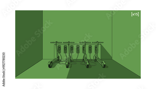 Electric scooters charging in modern green room
