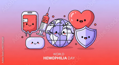 World hemophilia day awareness illustration with smiling medical symbols and globe on purple red background