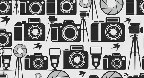 Seamless pattern of photography equipment and camera icons.