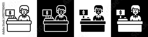 Cashier Desk Line And Solid Icon In White And Black Background