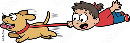 Funny cartoon dog running fast while pulling surprised girl holding leash, playful humorous pet illustration isolated on white background