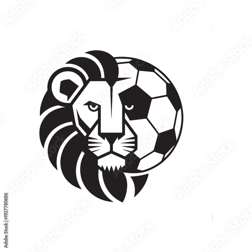 A striking black and white graphic combining a lion s head with a soccer ball