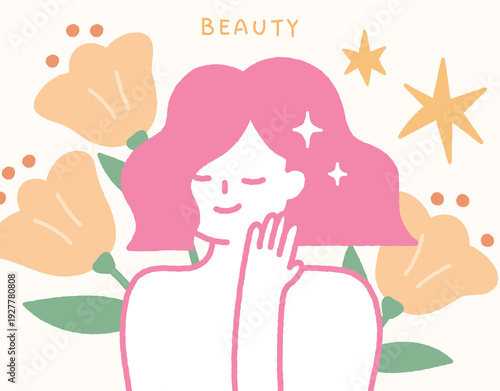 Skin care concept handdrawn illustration with beautiful woman and flowers.