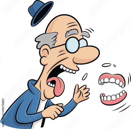 Funny cartoon elderly man laughing as dentures pop out, humorous dental accident illustration isolated on white background