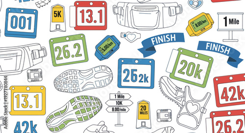 Marathon Race Gear and Running Accessories Seamless Pattern