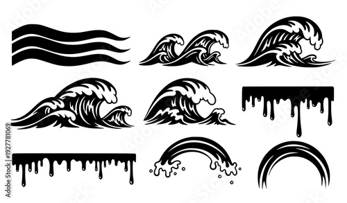 Monochrome black  ocean wave splash border vector cartoon water drops set isolated on white background