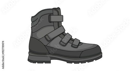 A cartoon illustration of a sturdy hiking boot with velcro straps.