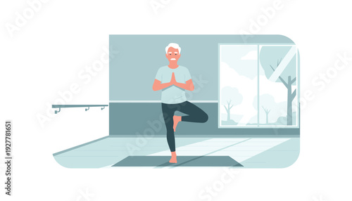 Senior man practicing yoga in modern studio with serene landscape view
