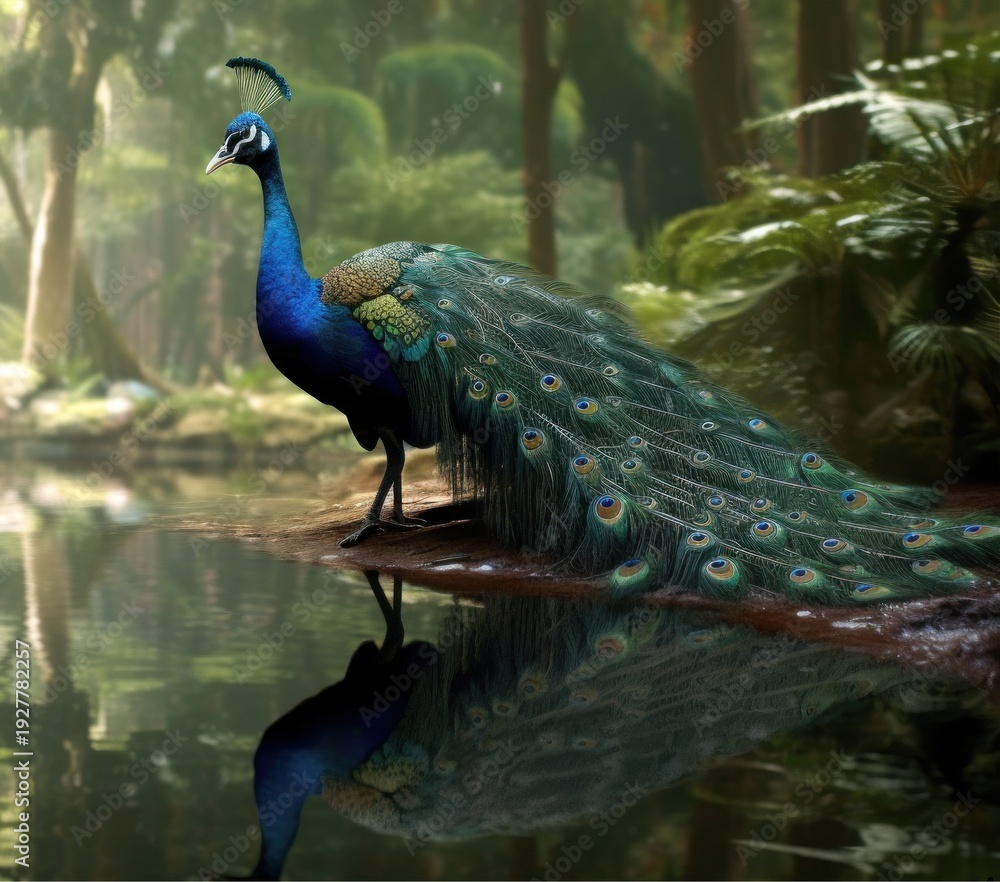 Naklejka premium A majestic peacock stands by a serene forest pond reflecting its beauty