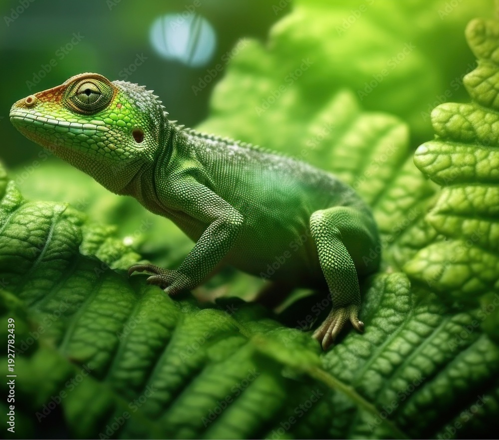 Fototapeta premium A vibrant green lizard perched on a large leaf in a lush environment