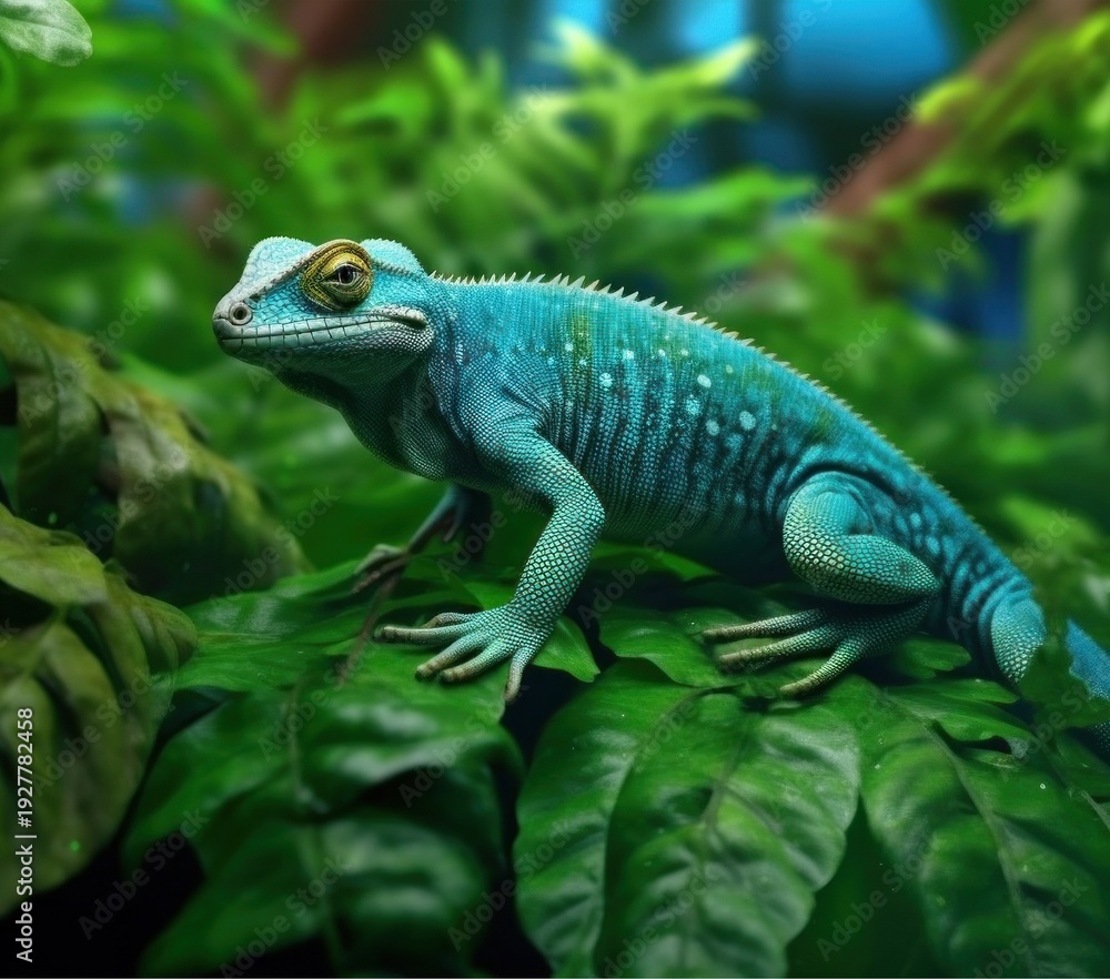 Fototapeta premium A vibrant blue lizard perched on a lush green leaf in a tropical environment