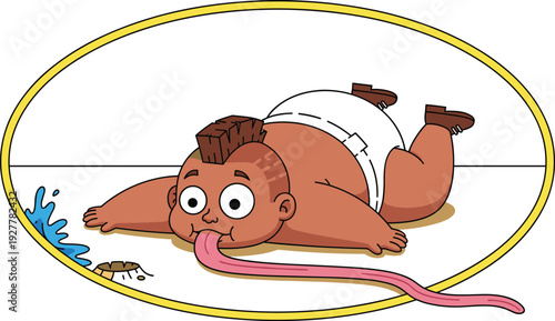 Hungry baby crawling with long tongue trying to catch insect isolated on white background cartoon illustration
