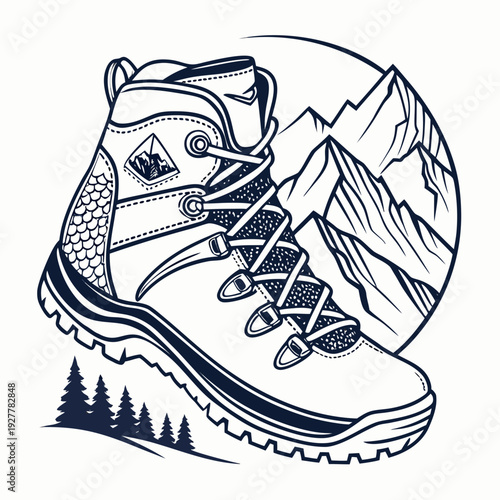 Black and White Mountain Hiking Boot Illustration with Alpine Landscape