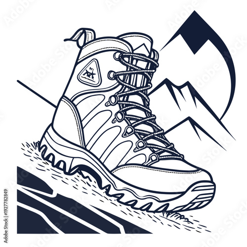 Black and White Hiking Boot Illustration on Mountain Terrain