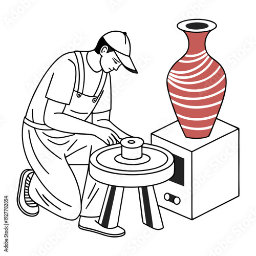 Potter Crafting Red and White Striped Vase on Wheel